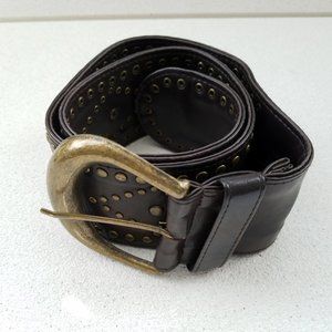 Wide Brown Faux Leather Belt with Gold Grommets